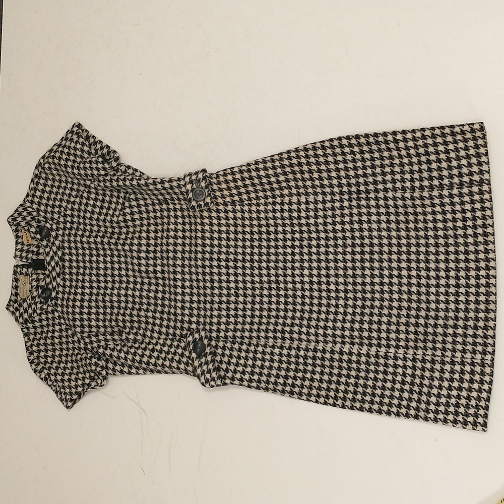 Vintage 60s Wool Dress Houndstooth Check Black & White Classy Midi SeeMeasure - Picture 9 of 16